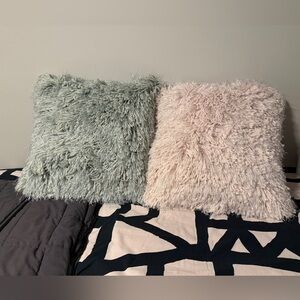 Two Large (approx 22”x22”) Fluffy Pink and Green with Sparkles Throw Pillows